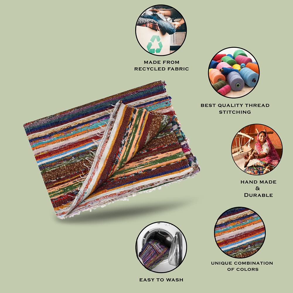 Chindi Cotton Rag Rugs 100% Eco-Friendly, 2-in-1 Reversible Multipurpose, Multicolor Hand-Woven Traditional Rugs (5ft X 3ft) for Living Room & Kitchen - White