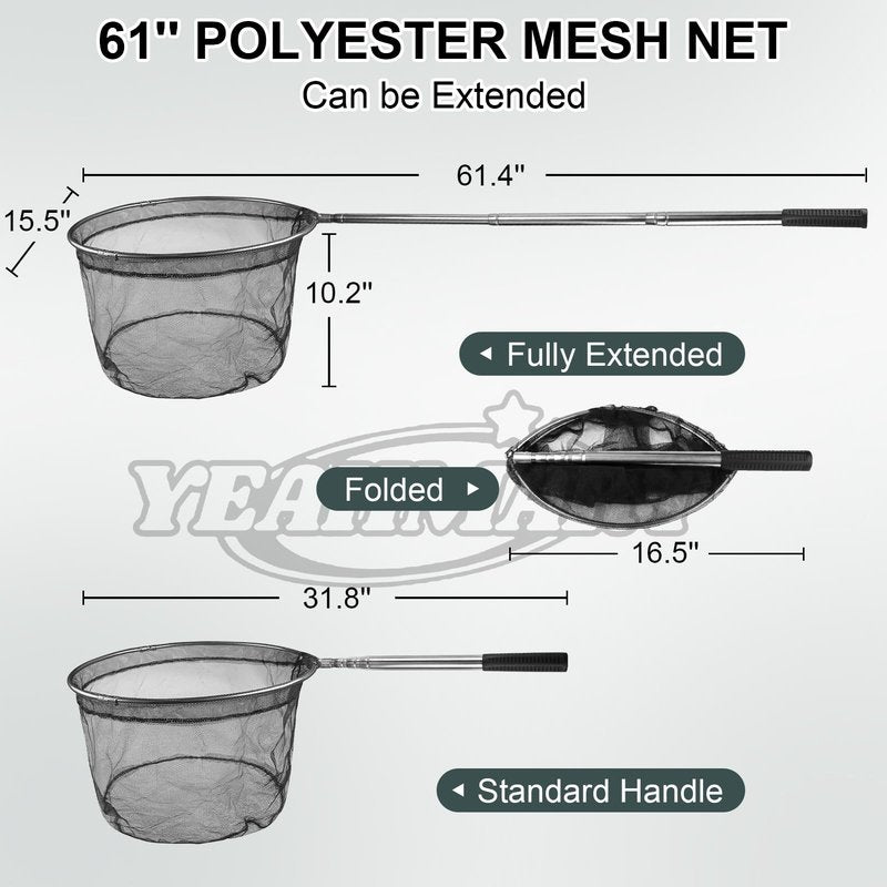 Yeahmart Fishing Net Minnow Nets with Aluminum Collapsible Telescopic Fishing Pole Handle and Nylon Mesh, Fishing Landing Net for Saltwater Freshwater, Extends to 61.4 inch (4 Sectional Handle-Round)