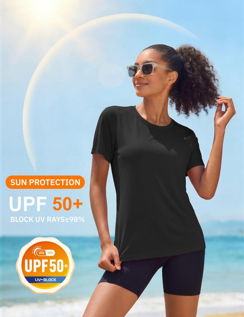 MAGCOMSEN Workout Tops for Women Quick Dry Sun Protection Short Sleeve Rash Guard Athletic Shirts for Women Black Tops, M