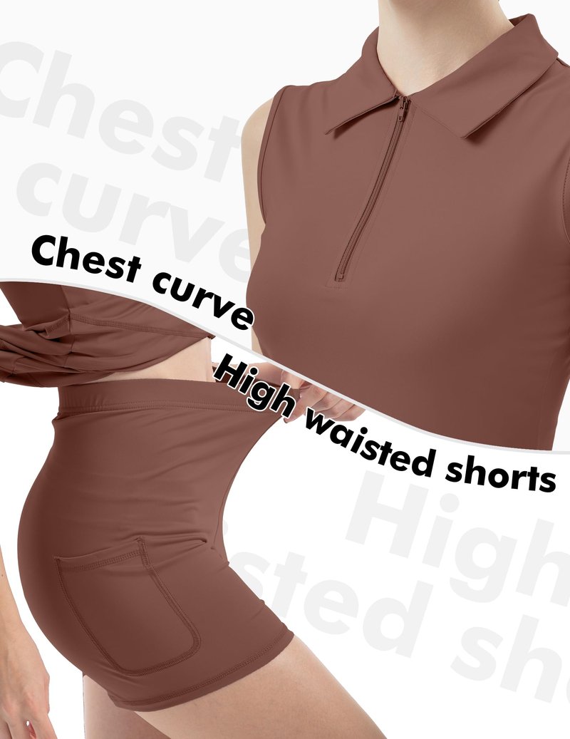 FKEEP Women's Tennis Golf Dresses Zipper V-Neck Sport Activewear with Shorts and Pocket Workout Athletic (Brown, XS)
