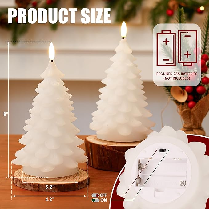 White Flameless Christmas Tree Candles with Remote Timer, Real Wax LED Battery Operated Candles for Winter Home Decor, Xmas Holiday Gift, Fireplace & Table Decoration, 2 Pack