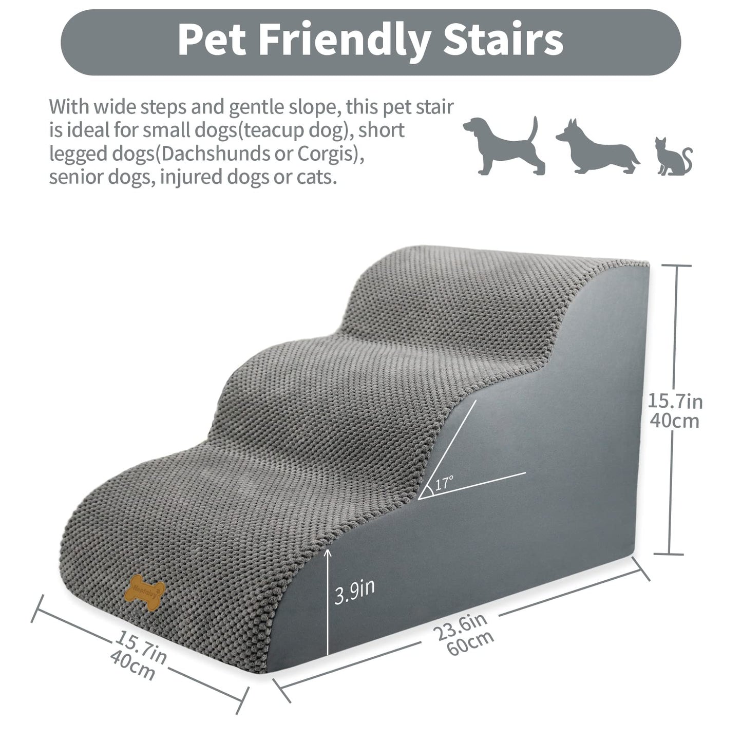 Nepfaivy Dog Steps Stairs for Bed - Non-Slip Pet Stairs for Small Dogs and Cats, 3-Steps Dog Ramp for Sofa with High Density Foam and Removable Cover, 60x40x40cm