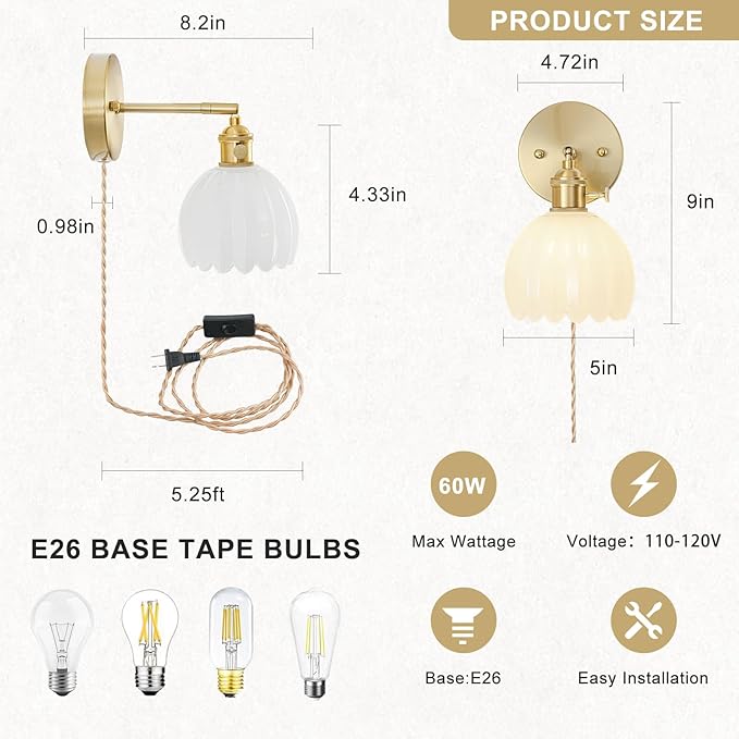 Plug in Wall Sconce, Vintage Sconce Light with Tulip Milk White Glass Lampshade, 180° Adjustable Wall Sconce with Switch and Plug in Wall Lamp Cord, Gold Wall Light for Bedroom Bedside