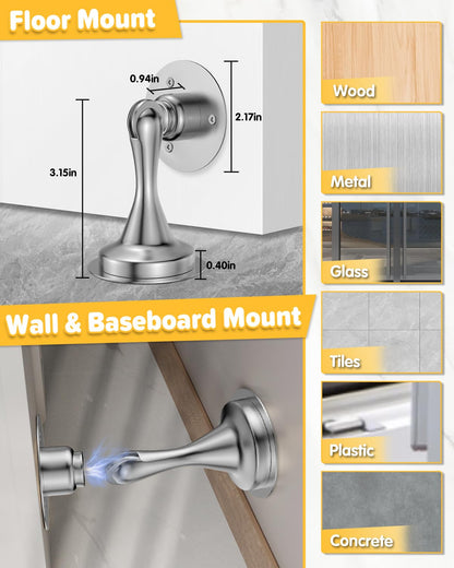 Door Stoppers Magnetic Door Catch - 2 Pack Stainless Steel Heavy Duty Door Holder Stops for Bottom Top of Door - Wall Floor Mounting No Drill 3M Adhesive & Screws Strong Magnet Keep Door Open(Silver)