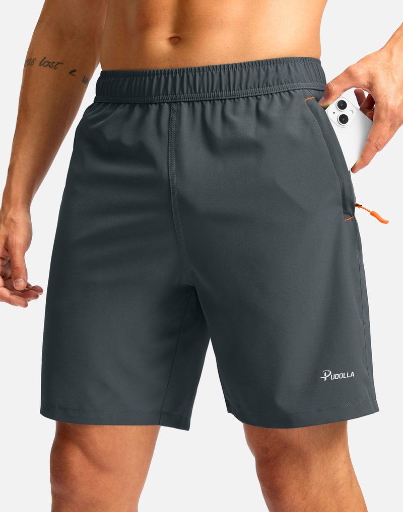 Pudolla Men's Athletic Hiking Shorts Lightweight Workout Gym Shorts for Men Outdoor Casual Travel with 3 Zipper Pockets(Deep Grey Large)