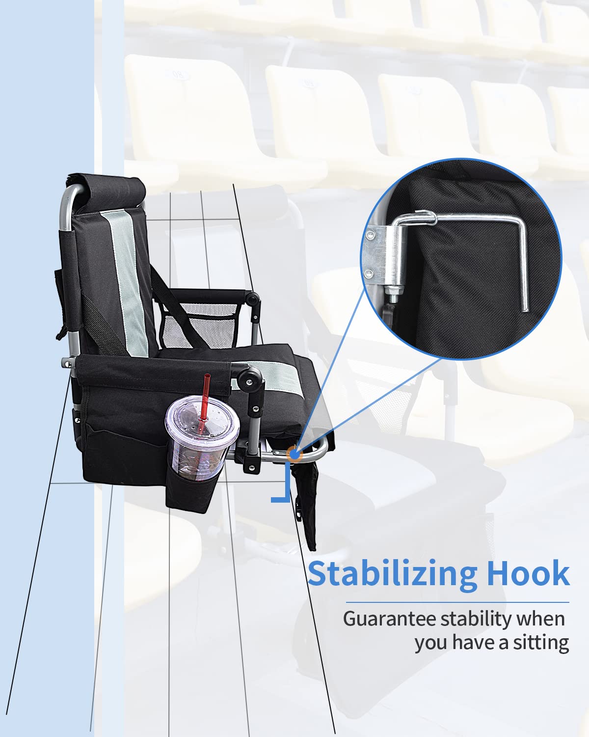 AOOXIMI Stadium Seat with Back Support, Portable Fording Bleacher Chair with Cushion and Armrest, Cup Holder, Mesh Bag and Hidden Hook, Football, Soccer