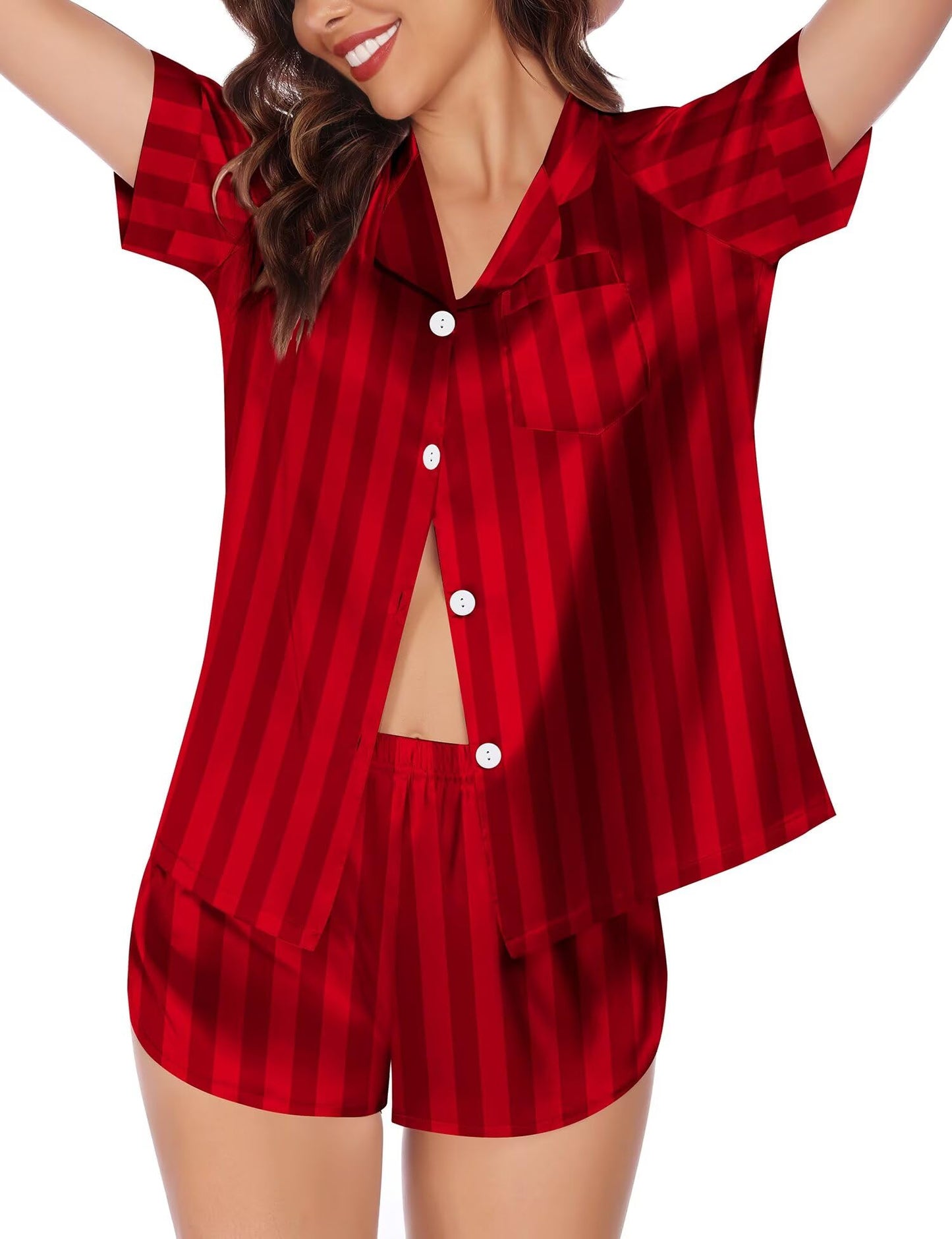 SWOMOG Couple Satin Matching Pajamas Sets Women & Men Short Sleeve Sleepwear Silk Button Down Nightwear 2 Pieces Loungewear