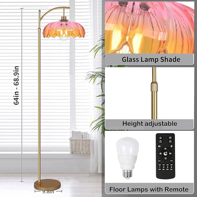 Floor Lamp for Living Room,Bedroom,Gold Dimmable Standing Lamp with Remote,Mid Century Modern Brass Tall Lamp Retro Vintage Glass Lamp Floor Light Boho Bohemian