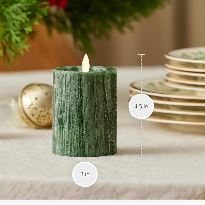 Luminara Selenite Looking Flameless Candle, Holiday Green 3" x 4.5", Battery Operated Real Wax Moving Flame LED Pillar w/Timer, Home Decor Unscented