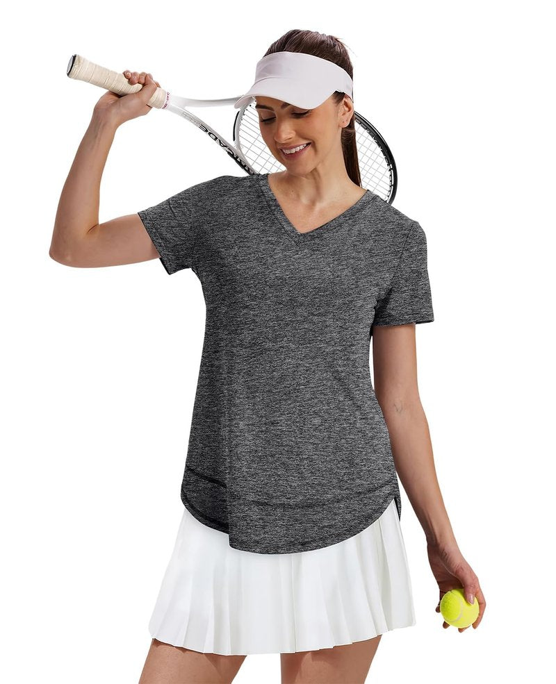 Short Sleeve Shirts for Women Workout Pilates Outfits Tennis Summer Tops 2026 Beach Vacation Clothes V Neck Dark Grey M