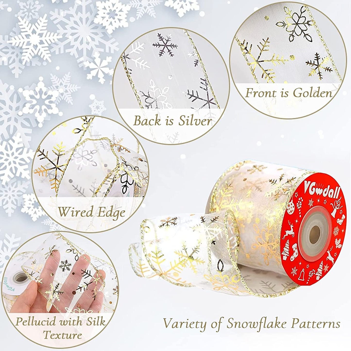VGOODALL Gold Snowflake Ribbon,2.4 Inch 10 Yards Glitter Gold and Silver Christmas Wired Ribbon for Christmas Garland Gift Wrapping Tree Decoration Home Decor Bow Making