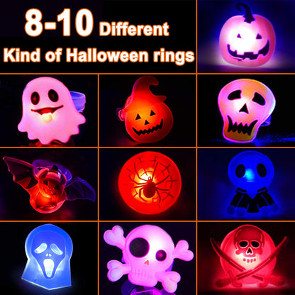50 Pack 3D Halloween LED Glow Ring, Light Up Toys Glow in the Dark Birthday Halloween Party Favors Decorations Supplies for Kid Adults Flash Finger Rubber Ghost Pumpkin Skeleton LED Finger Lights