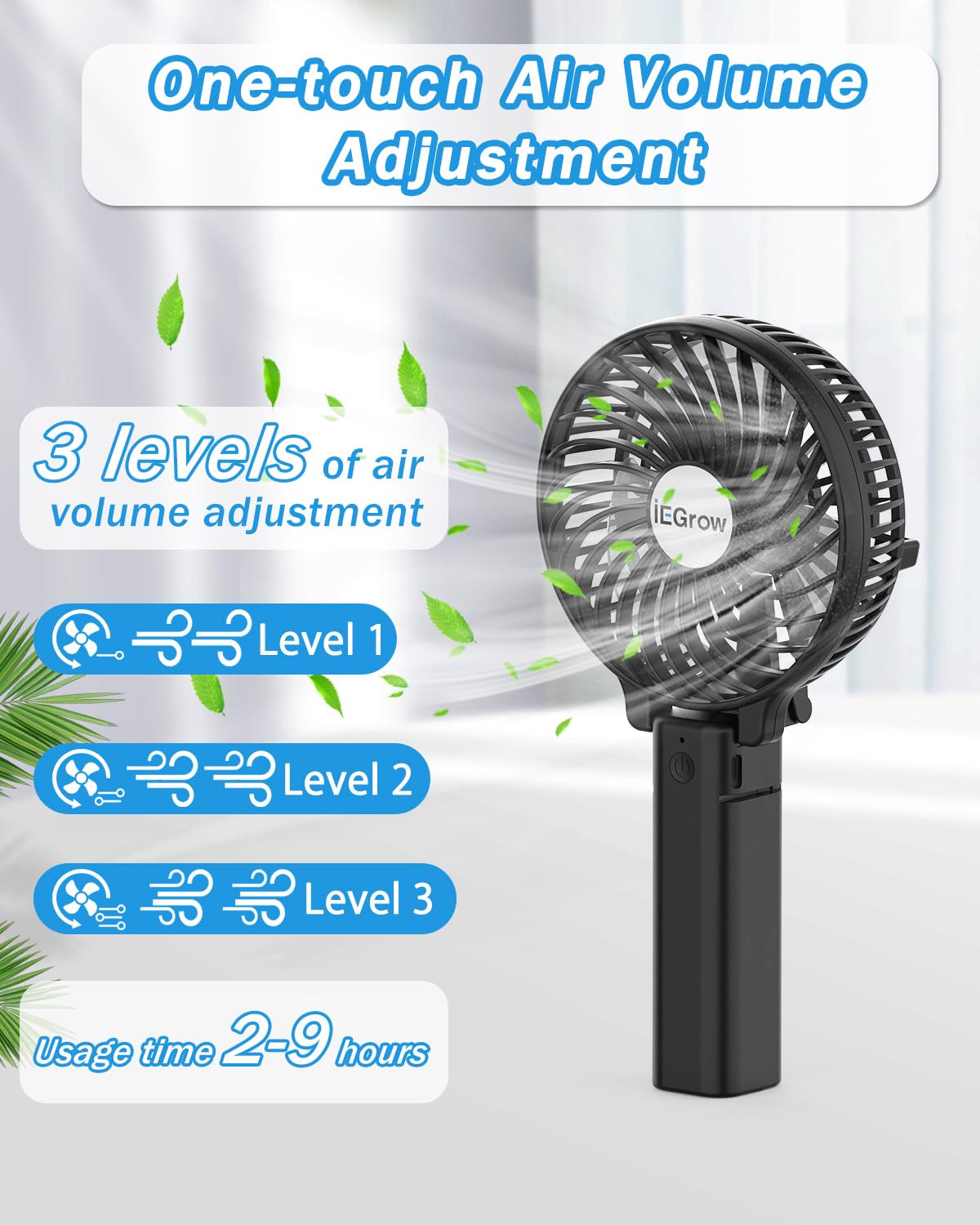 iEGrow Handheld Fan, Portable USB Mini Travel Fan with 2000mAh Rechargeable Battery, 3 Speeds Desk Fan for Home, Office and Travel-Black