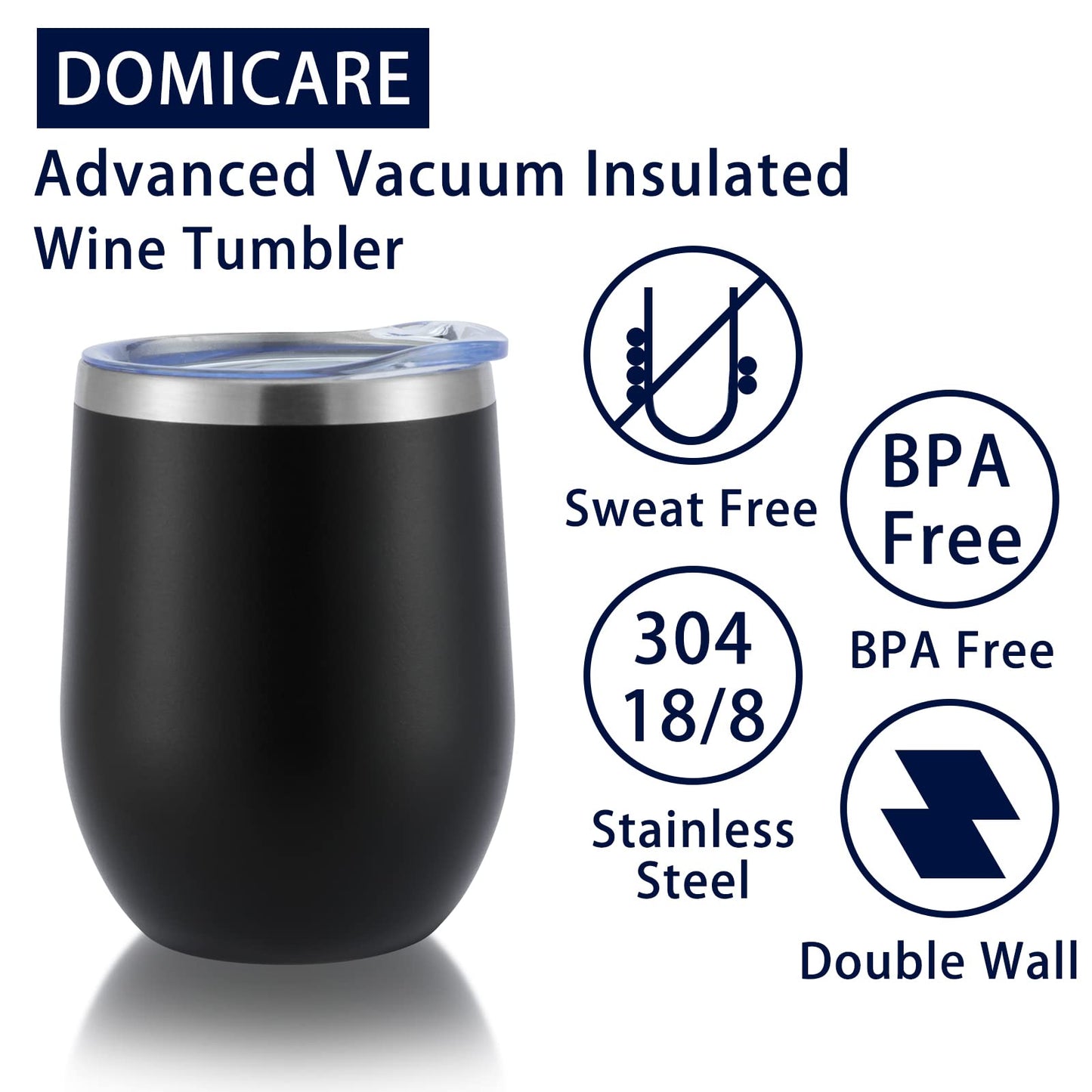 DOMICARE Stainless Steel Wine Tumbler Bulk with Lid, Personalized Insulated Tumblers Set, 12oz Travel Coffee Cups Pack of 12, Black
