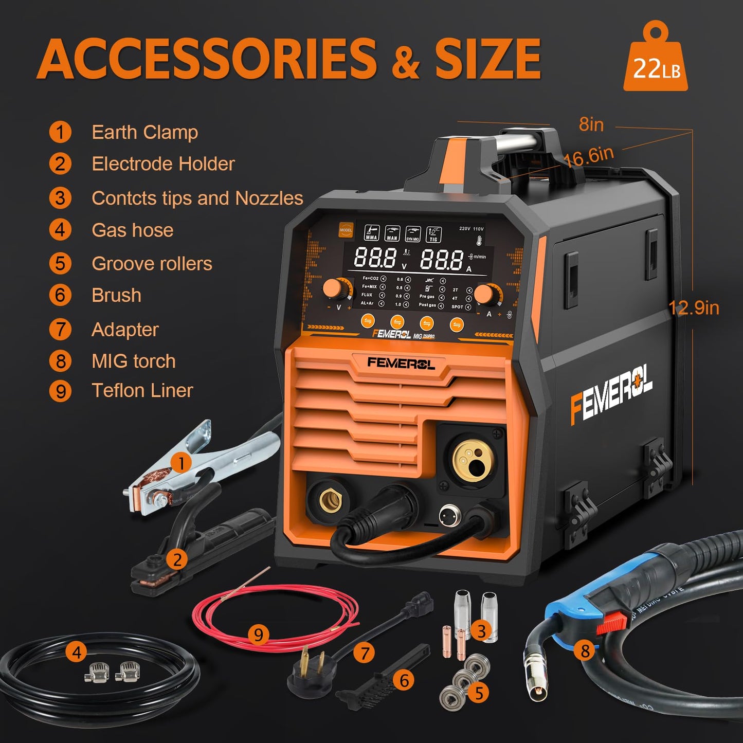 FEMEROL 250A MIG Welder,6 in 1 Gas MIG/Gasless Flux Core/Stick/Lift TIG/Spot Welding/Spool Gun Compatible Aluminum Welding Machine Large LED Display 110V/220V Multi Process Welder