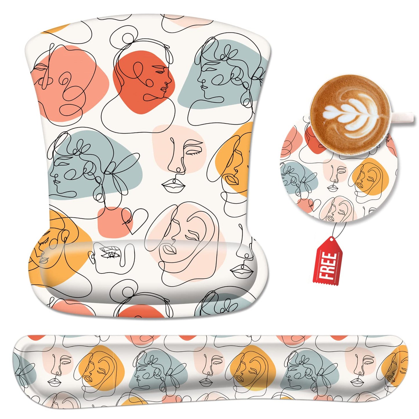 Ergonomic Mouse Pad and Keyboard Wrist Rest, Mouse Pad Wrist Support with Non Slip Rubber Base Mousepad Set + Coaster for Computer, Laptop, Easy Typing & Pain Relief, White Art Face