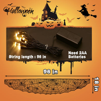 FUN LITTLE TOYS Halloween Decorations Indoor - Mantel with String Lights Lace Spiderweb Decor Inside for Home Party Supplies (18 x 96 inch)
