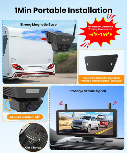 AUTO VOX Wireless Backup Camera Solar Magnetic: with 7.2" DVR 1080P 2 Split Recording Monitor, Dual Antenna Stable Signal,IP69K & 1-Min Install,HD IR Night Vision for Truck, Trailer, RV, Camper