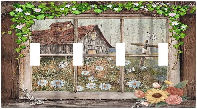 Farm Barn Farmhouse Rustic Country Flower Quad Gang Toggle Light Switch Cover 4-Gang Wall Plates Decorative Electrical Switchplate for Home Bedroom Art Decorate