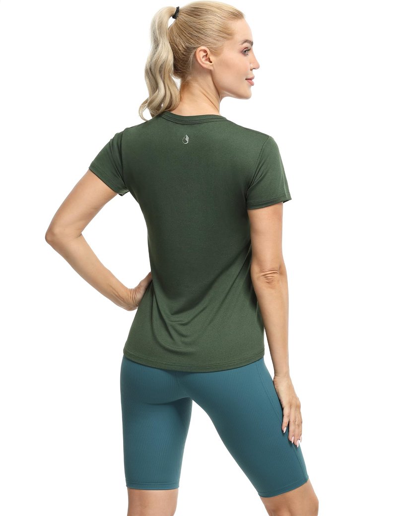 icyzone Workout Shirts Yoga Tops Activewear V-Neck T-Shirts for Women Running Fitness Sports Short Sleeve Tees (Solid Black/Pale Pink/Dark Green, XXL)