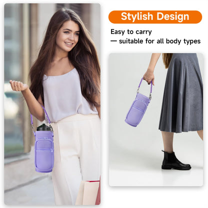 AceTreker 32/40/64/128 oz Neoprene Insulated Water Bottle Carrier Bag, Sport Bottle Sleeve Pouch Holder with Strap & Paracord Handle and 2 Pocket for Travelling, Hiking, Camping-Purple