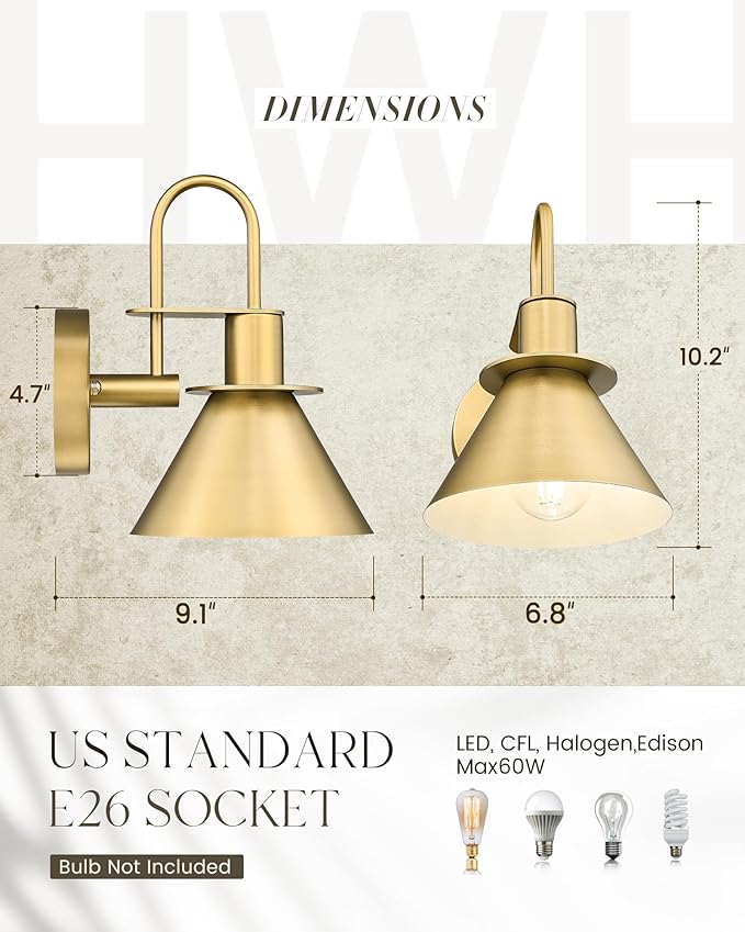 Gold Wall Sconces, HWH Indoor Wall Lights, Gooseneck Barn Wall Lamp, Brass Wall Sconce Light for Bedroom Living Room Kitchen, Gold Finish, 5HZG56B BG