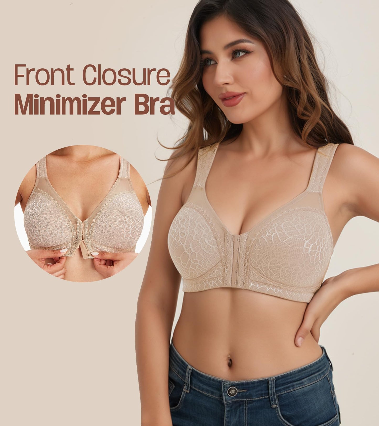 HACI Women's Front Closure Posture Bra Full Coverage Back Support Wireless Unpadded(Beige,38DD)