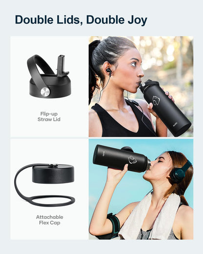 BUZIO 1180ml Insulated Water Bottle with Straw Lid and Flex Cap, 40oz Stainless Steel Drinking Bottle (Keep Cold 48 Hrs/Hot 24 Hrs) Metal Flask Leakproof Wide Mouth Thermo Canteen for Sports, Black