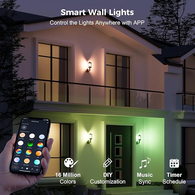 XMCOSY+ Outdoor Wall Lights, 1100LM LED Wall Sconces, Smart RGBW Porch Lights Outdoor, WiFi APP Control, Compatible with Alexa, Adjustable Dual-Head IP65 Waterproof Wall Lanterns, 2 Pack