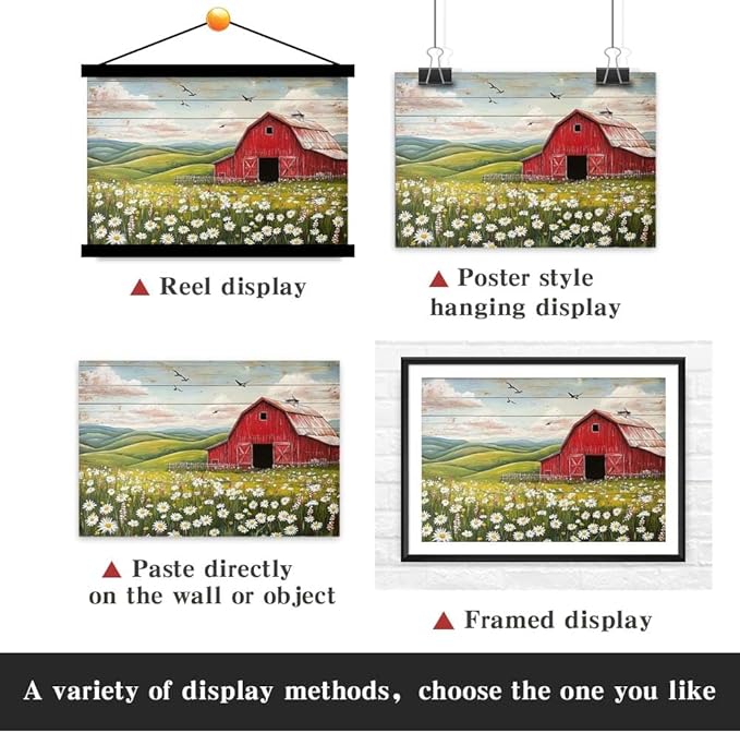 Yesad Country Red Barn Pictures, Daisy Canvas Wall Art Wildflower Meadow Poster Flower Print Rustic Farmhouse Decor Barn Painting Wall Decor Home Decoration for Living Room (Unframed,12"x8",Barn2)