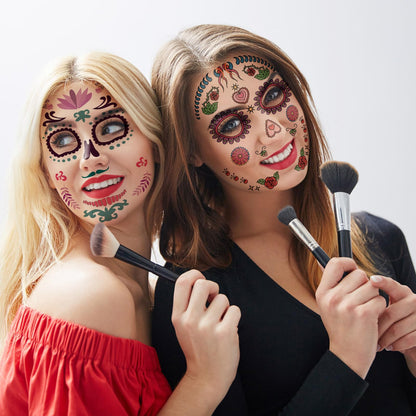 Halloween Temporary Face Tattoos (12Pack), Konsait Day of the Dead Sugar Skull Floral Black Skeleton Web Red Roses Full Face Mask Tattoo for Women Men Adult Kids Boys Halloween Party Favor Supplies