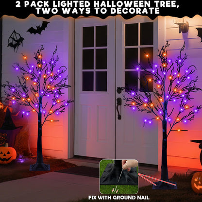 2 Pack & Timer - 4 Ft Lighted Black Halloween Tree with 48 LED Orange & Purple Lights, Spooky Artificial Black Trees for Halloween Decorations Outdoor Indoor Home Yard Party Decor