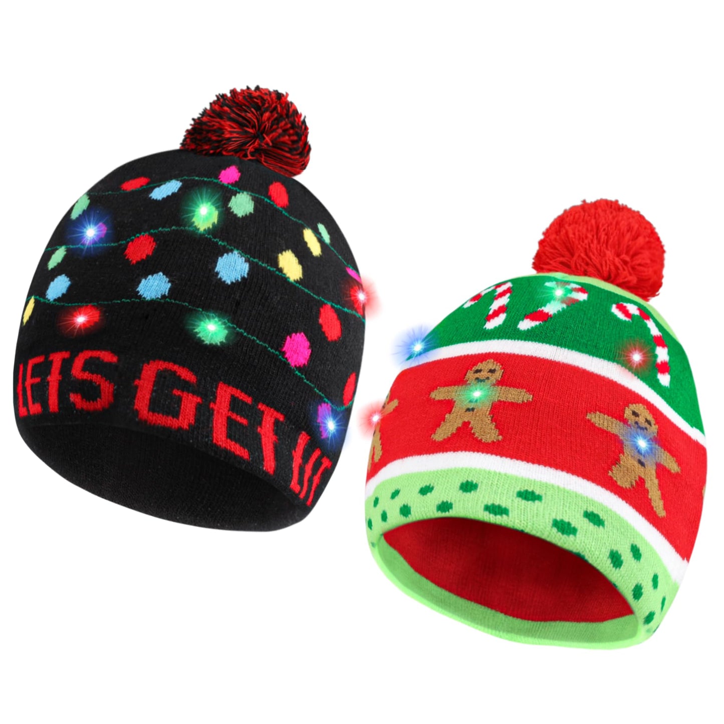 2 PCS Christmas Hat Light Up Christmas Knitted Beanie Hat, Cute Cartoon Design Xmas Knit Cap with 6 Colorful LED Lights, Family Winter Snow Hat Bulk for Xmas Holiday Party Favor, Funny Unisex Cap