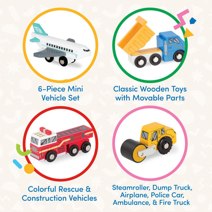 Battat – Wood Cars for Kids – 6pc Toy Vehicle Set – Mini Rescue & Construction Vehicles – Toddler Truck Toys – Wooden Play Cars – Wooden Vehicles Set 2 – 3 Years +