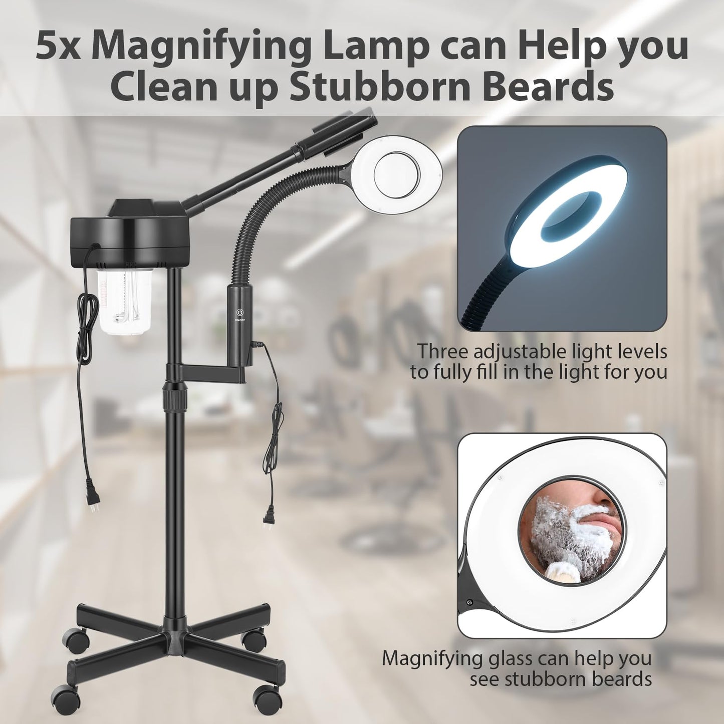 Professional Facial Steamer 3 in 1 Steamer for Face with Hot & Cold Nozzle 5X LED Magnifying Lamp Facial Steamer for Esthetician Beauty Face Equipment Use at Home or Salon