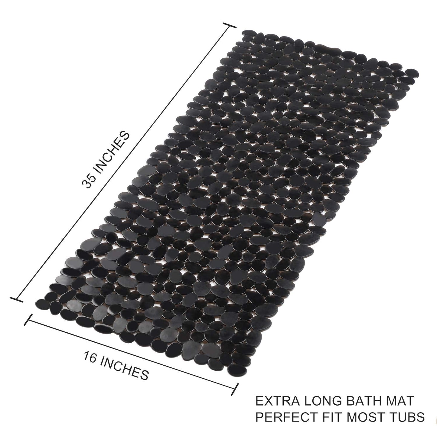 WELTRXE Non Slip Bathtub Mat 35 x 16 Inches Pebbles Shower Mats with Suction Cups, Drain Holes for Bathroom Showers, Tub, Machine Washable Bathroom Mats BPA, Latex Free Safe Tub Mats - Black