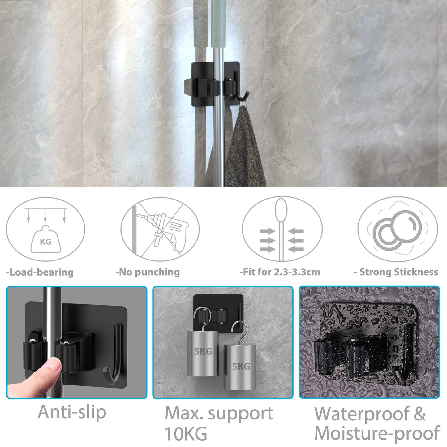 homeasy Mop Broom Holder, 4 Pcs Stainless Steel Self Adhesive Mop Holder Wall Mounted with Hooks Hanger Self-Adhesive Broom Holder for Bathroom, Kitchen, Office, Closet, Garden Garage(Black)