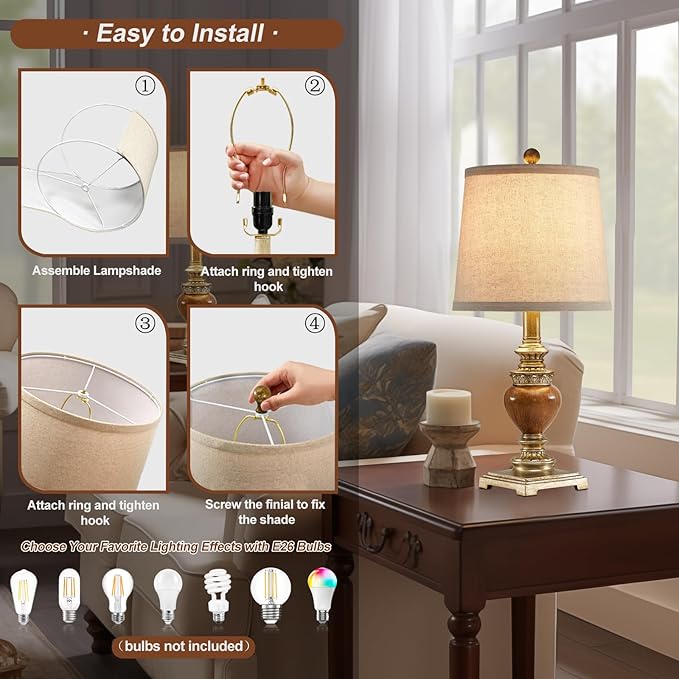 21'' Small Table Lamps for Bedroom Set of 2 Rustic Farmhouse Bedside Nightstand Lamps Traditional Side Table Lamps for Living Room Kids Home Office, Wooden Finish, Gold, Bulbs Not Include