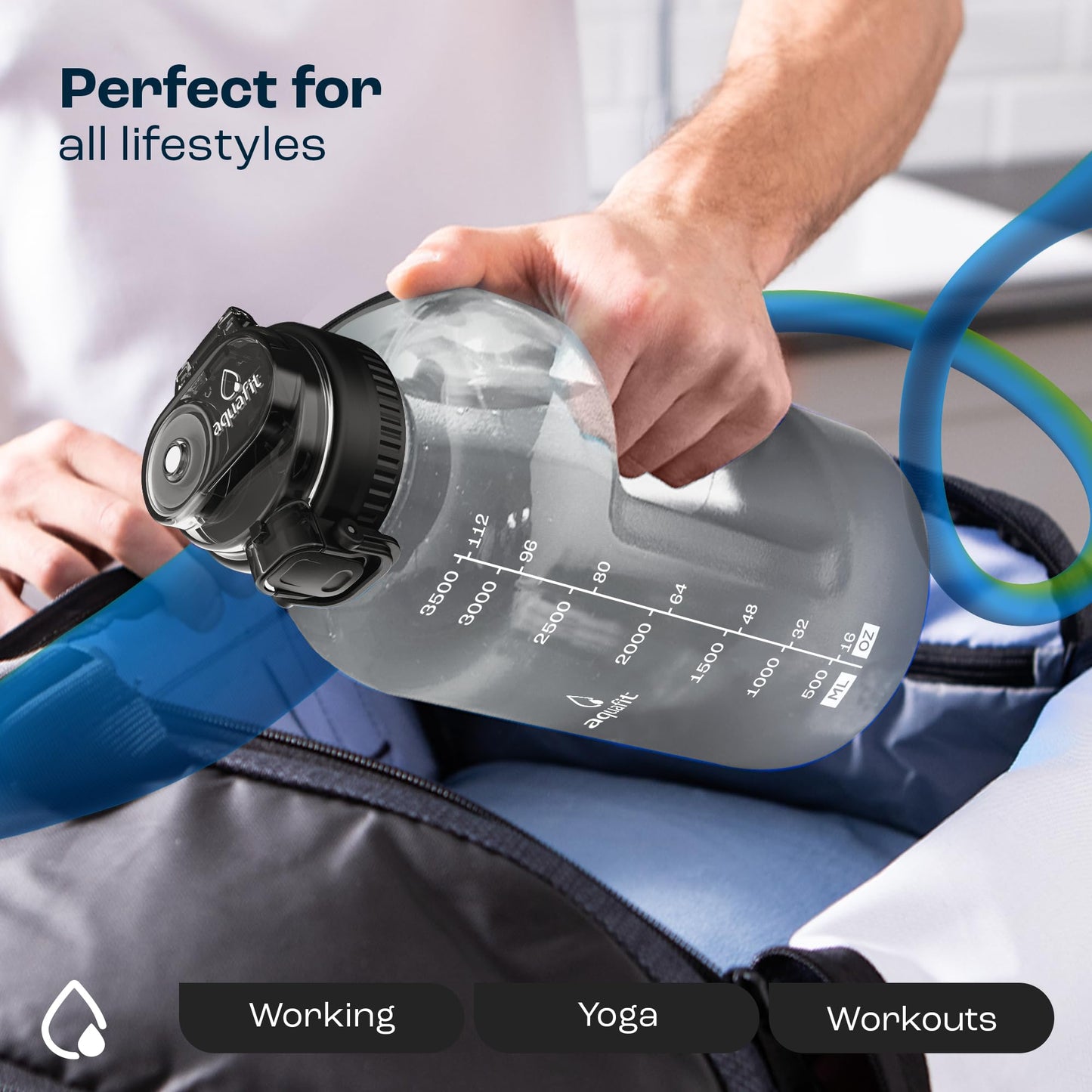 AQUAFIT 1 Gallon Water Bottle with Time Marker - Straw & Chug Lid - BPA Free Gym Water Bottle with Straw - Big Gallon Jug (Gray, 128 oz - 2in1 Lid)