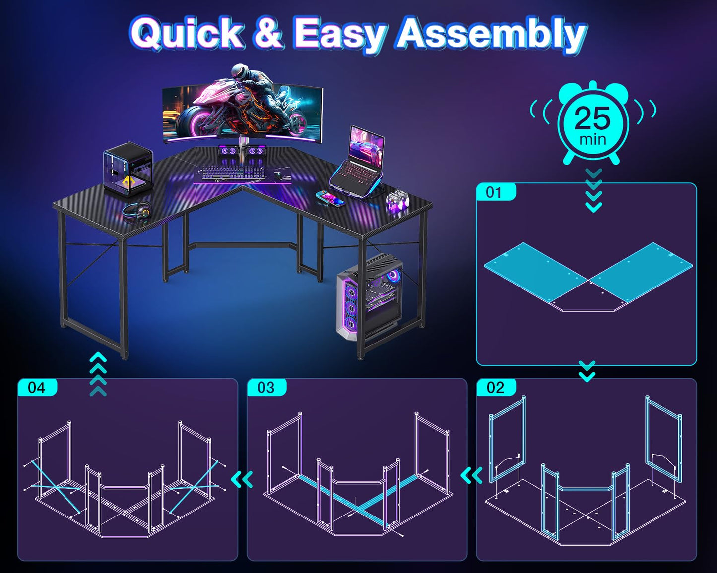 Casaottima L Shaped Gaming Desk, Corner Desk Gaming Table for Home Office, Computer Desk Sturdy Writing Workstation for Small Space, Easy to Assemble, 51 inch, Carbon Fiber Surface, Black