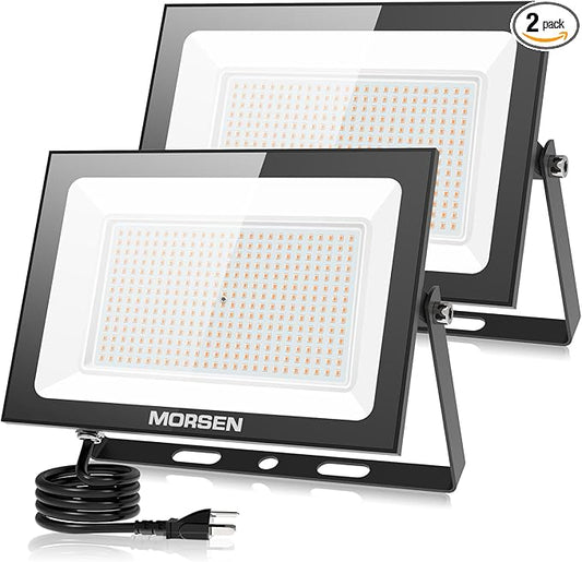 MORSEN 300W Warm White Led Flood Lights Outdoor, 3000K Super Bright 45000LM Security Lights with Plug,Exterior IP66 Waterproof FloodLight for Basketball Court, Yard, Garden, Playground 2 Pack
