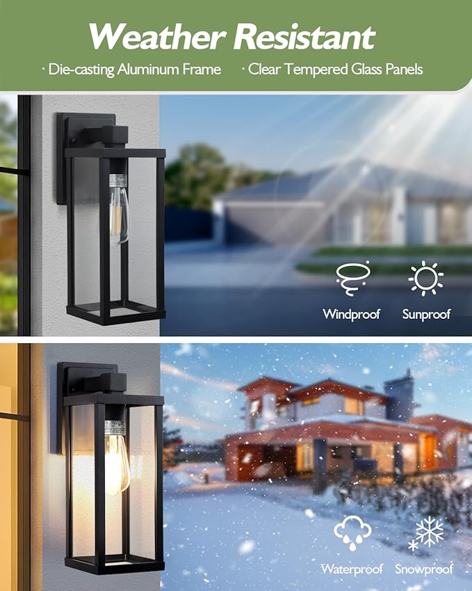 LITFIT Matte Black Outdoor Light Fixtures Wall Mount, Waterproof Rustproof Porch Lights, 14 Inch Outside Wall Lanterns for Patio, Front Door, Garage, Backyard, 2-Pack, Bulbs Not Included