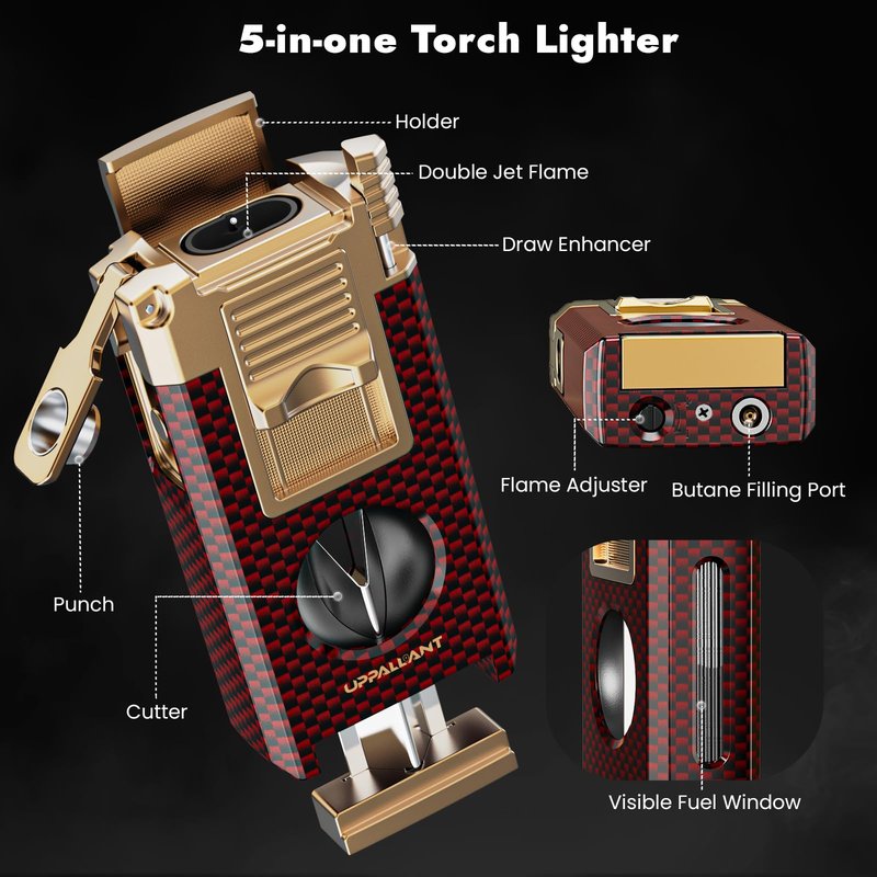 5-in-1 Torch Lighter with Cutter, Punch, Holder, Draw Enhancer Tool and Dual Jet Flames, Refillable Butane Torch Lighters Gifts for Men, Versatile Accessories, Windproof Lighters for Candle, Travel