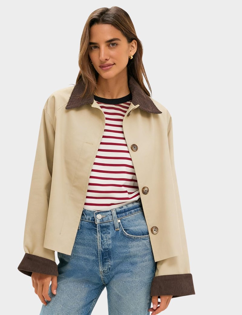 Lviefent Womens Contrast Collar Jacket Casual Button Down Long Sleeves Crop Trench Coat Outerwear with Pockets (Khaki-M)