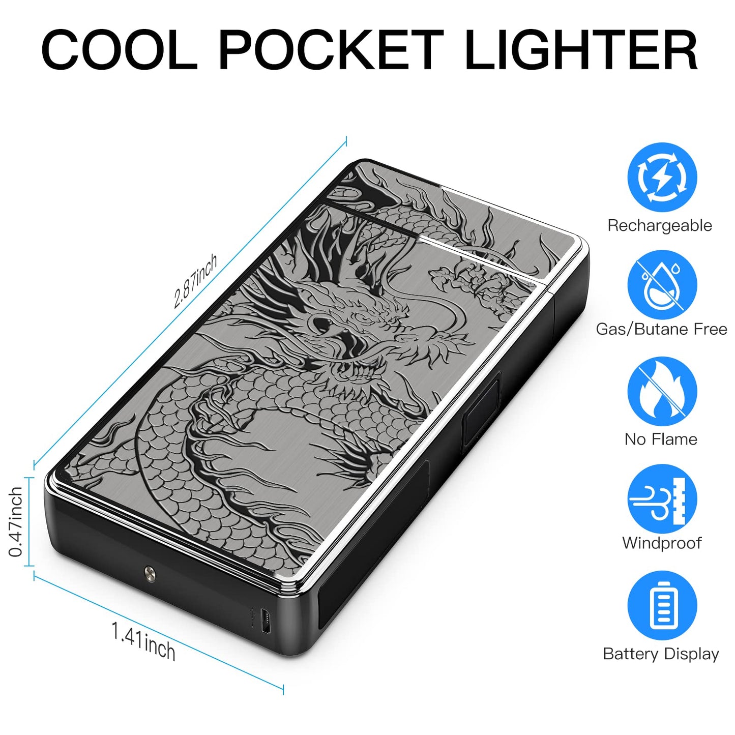Electric Lighter, USB Rechargeable Plasma Arc Windproof Flameless Electronic Butane Free Mini Lighter for Candles, Fireworks, Outdoor Camping Activities (Black Dragon)