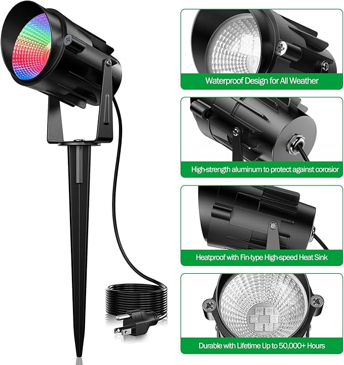 Christmas Halloween Spotlight Outdoor RGB Spot Lights, 12W Color Changing Landscape Lights for Yard Patio Garden Pathway Decor 120V Waterproof Landscape Spotlights with Remote(4 Pack)