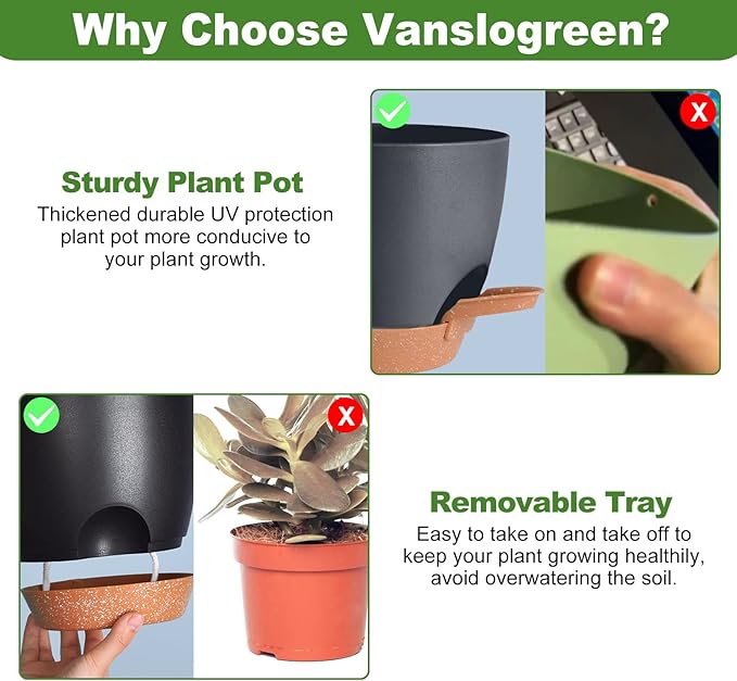 Plant Pots, Self Watering Planters for Indoor Plants with Drainage Hole, Plastic Flower Pot for Succulents, African Violet (Black, 12/10/9)