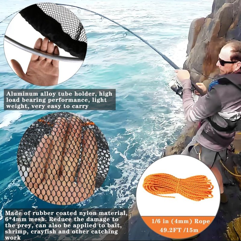Drasry Large Collapsible Bridge Pier Fishing Net Landing Net with Rod, High Load Aluminum Ring Drop Net for Saltwater and Freshwater Rubber Coated Basket with 49.2 ft Rope 23.6 * 23.6 * 27.5 in