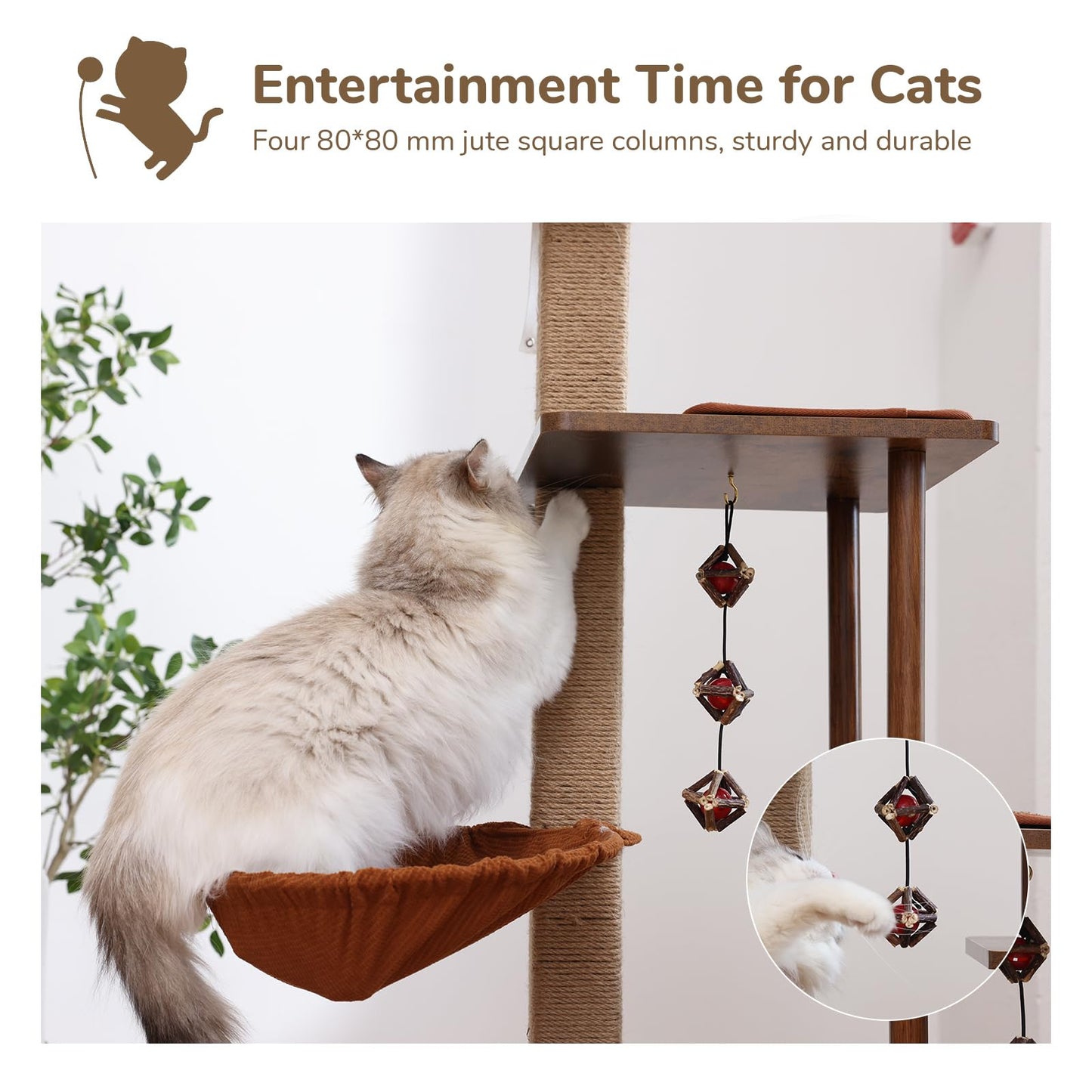 FUKUMARU Cat Tree, 4 in 1 Large Modern Cats Tower with Jute Scratching Post and Hammock, Wood Cat Condo with silvervine Balls, Brown Cat Climber Stand Playhouse for Indoor Cats, Retro Style