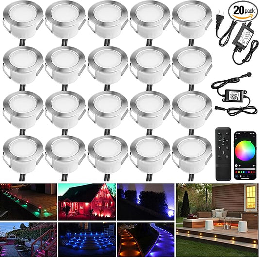 Smart LED Deck Light Kits - 20 Pack of 1.77" Low Voltage Recessed RGBW Deck Lights IP67 Waterproof for Outdoor Landscape Lighting on Steps, Floors & Pathways, Compatible with Alexa & Google Assistant